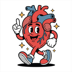 Cartoon heart character with shoes walking and pointing up human heart anatomy