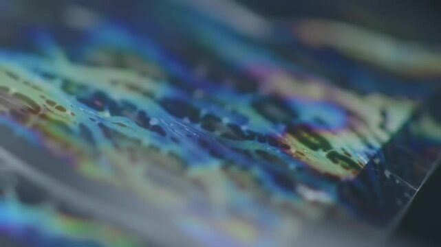 Abstract liquid surface with iridescent colors and reflective patterns