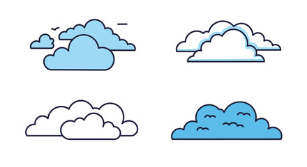 Simple cartoon illustration of various fluffy cloud shapes and bird