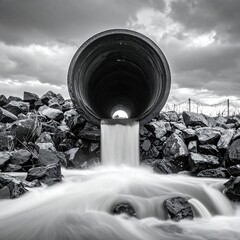 Grayscale view of flowing water from a large pipe into a rocky bed