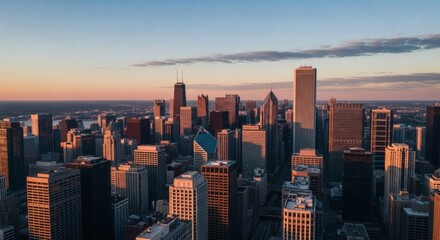 Fototapeta premium Aerial view of a sprawling metropolitan skyline with towering skyscrapers illuminated by the warm glow of a beautiful sunset