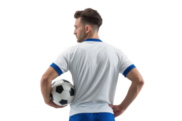 Man holding soccer ball isolated on transparent background