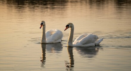 Fototapeta premium Two swans glide on a calm, golden water