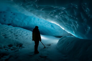 An Adventurer Explores a Stunning Blue Ice Cave Bathed in Ethereal Light Discovering the Wonders of Glacial Formations Deep Within the Frozen Landscape