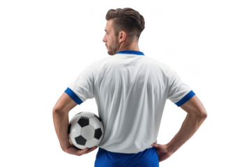 Soccer player holding ball isolated on transparent background