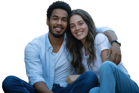Smiling couple sitting together outdoors isolated on transparent background
