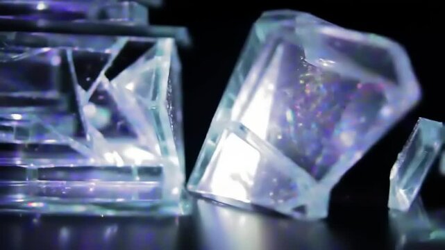 Abstract glass fragments illuminated with blue light against black background