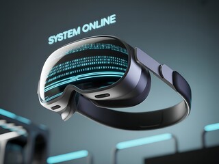 Immersive Virtual Reality Headset Displaying a Digital System Online Interface with Futuristic Technology and Cyberpunk Aesthetics Creating a Sense of Advanced Connectivity