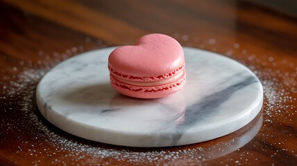 A Delicate Pink Heart Shaped Macaron Sitting On A White Marble Slab Sprinkled With Sugar Dust On A Dark Wooden Table