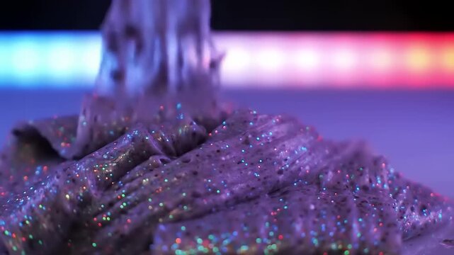 Glittery slime texture flowing on a surface with colorful background lighting