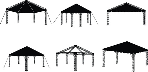 Tent silhouettes, outdoor shelter, camping structures, event tents, roof variations, pole support, architectural tents, black and white, vector illustration, open-sided tents