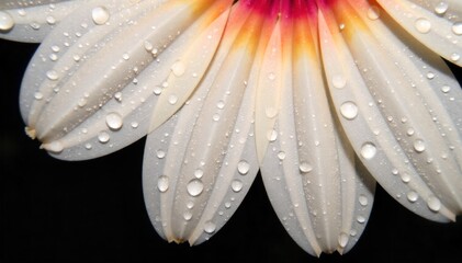 Dewy Petals Macro photography of delicate flower petals glistening with morning dew, highlighting intricate textures and luminous light. An extreme macro shot focusing on the intricate texture of