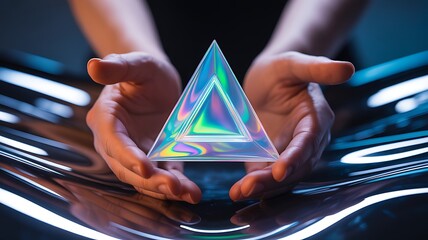 A holographic pyramid of light held between two hands reflecting iridescent colors on a futuristic reflective surface suggesting innovation and advanced technology