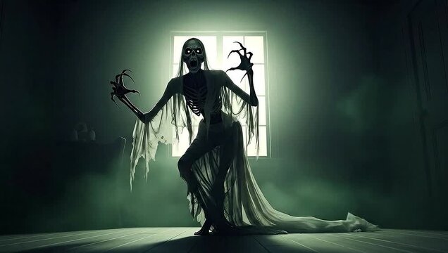Terrifying Ghostly Figure Haunting a Dark Room with Eerie Green Light.