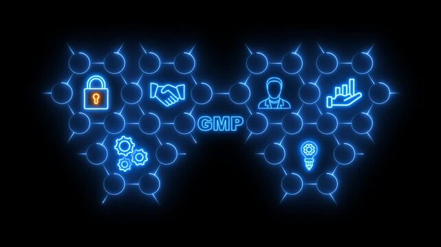 Blue Neon Network of Icons Representing GMP and Manufacturing Standards control