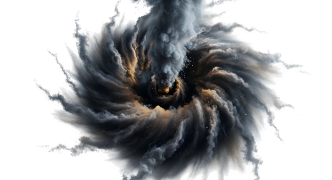 Dramatic swirling vortex of dark smoke and dust isolated on transparent background