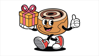 Cartoon Cinnamon Roll Character Holding a Gift Box and Giving Thumbs Up pastry food