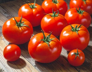 Group of vibrant red, ripe tomatoes on a rustic wooden surface
