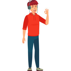 Young Man Wearing Red Hoodie and Headphones Giving an Okay Sign with a Wink on a Transparent Background