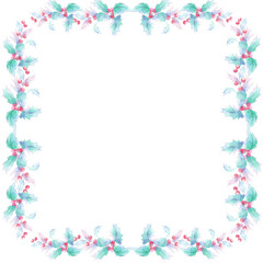 Square frame of blue flowers, branch with leaves. Flowers. Watercolor.