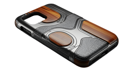 Stylish phone case with wood and metal accents isolated on transparent background