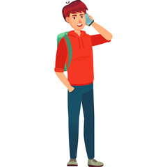 Young Man Wearing Orange Hoodie and Blue Jeans Talking on Cell Phone While Carrying a Green Backpack