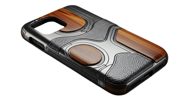 Stylish phone case with wood and metal accents isolated on transparent background
