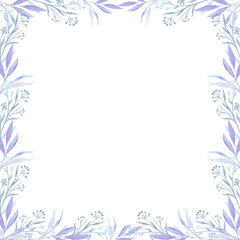 Fototapeta premium Square frame of blue flowers, branch with leaves. Flowers. Watercolor.