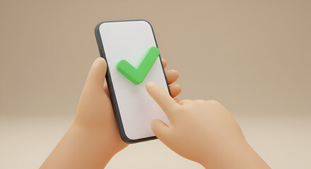 3D Rendered Hand Using a Smartphone with a Check Mark for Confirmation