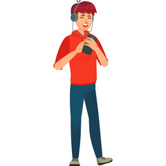 Young Man With Red Hoodie Wearing Headphones Listening To Music On His Phone With A Smile On His Face And Transparent Background