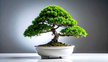 A well-maintained green bonsai tree in a white pot sits on a white surface with a grey gradient background and dramatic spotlighting