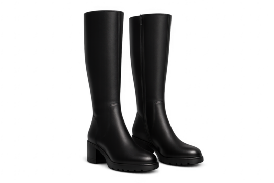 Black leather knee-high boots with platform sole