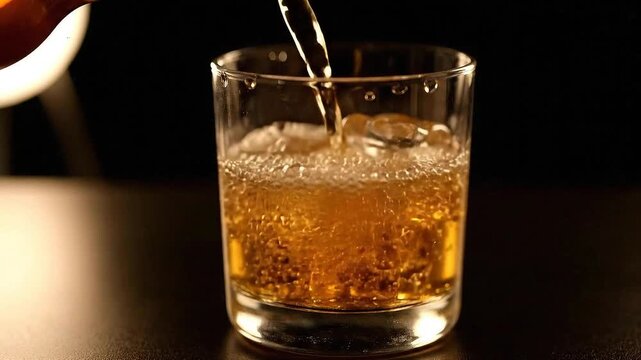 Pouring Whiskey into a Glass with Ice Cubes on a Dark Surface with Dark Background Creating an Elegant Ambiance Perfect for Bar and Liquor Advertising and High End Product Presentations