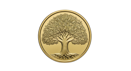 Golden tree of life coin isolated on transparent background, a symbol of growth