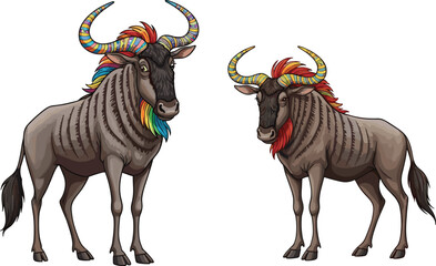 PrintColorful wildebeest illustration with rainbow horns and mane, creative wildlife art design, exotic animal concept, fantasy nature artwork, cartoon style