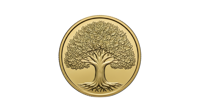 Golden tree of life coin isolated on transparent background, a symbol of growth - Powered by Adobe