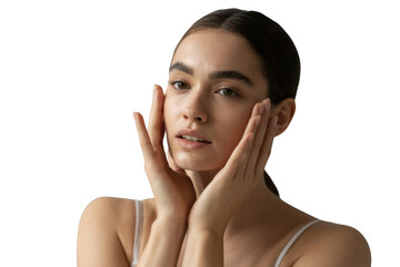 Young woman touching her face isolated on transparent background