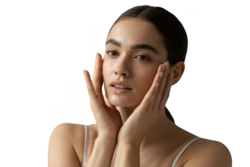 Young woman touching her face isolated on transparent background