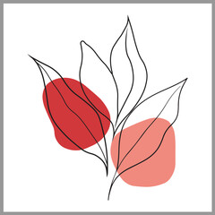 Minimalist Leaf Line Art with Abstract Red Shapes | Modern Botanical Wall Art Design