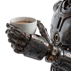 Close-Up of Prosthetic Hand Holding Coffee Mug, Isolated on Transparent Background, Modern Technology and Daily Life Concept