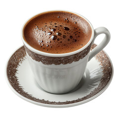 Classic Turkish Coffee Served in Traditional White Porcelain Cup with Saucer, Thick Foam on Top, Isolated on Transparent Background