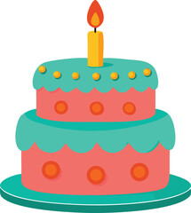 A colorful two tiered birthday cake with a single lit candle