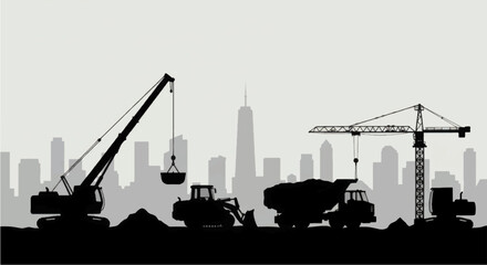 Construction site with heavy machinery and equipment silhouette.