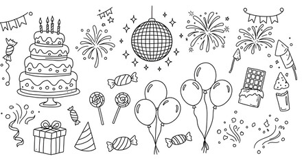 Festive celebration doodle vector illustration featuring party elements and sweets