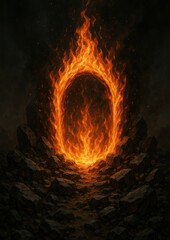 Fiery portal amidst rocky landscape.
