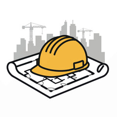 Yellow Hard Hat on Blueprint for Construction Safety.