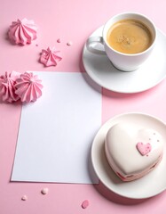 Pink coffee, heart dessert, and paper