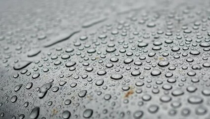 A close-up shot of water droplets on a silver surface, creating a textured pattern