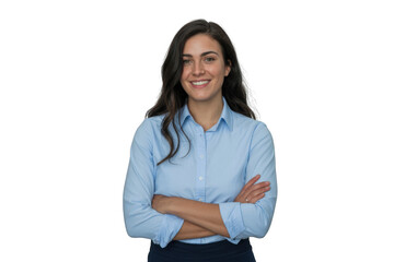 Smiling woman in blue shirt isolated on transparent background