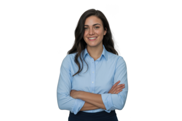 Smiling woman in blue shirt isolated on transparent background